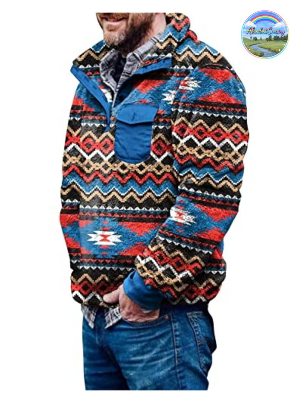 Aztec Sherpa Fleece Pullover Sweatshirt - Lightweight Warm Retro Print